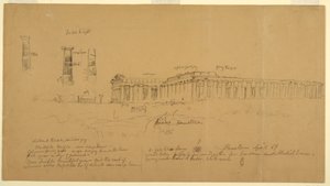 Tekening, Dorische Griekse tempels van Athena (voorheen Ceres), Hera II (voorheen Neptunus), en Hera I (voorheen Basilica), Paestum, Salerno, Italië, april 1869 door Frederic Edwin Church