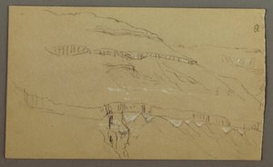Tekening, El Yemen-vallei, Arabië: Rotsmuur met het bovenste deel dat lijkt op een rij zuilen, 20 februari 1868