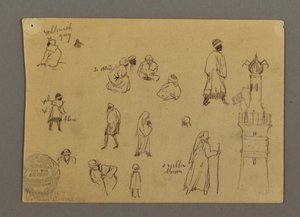 Tekening, figuren en een signaaltoren, Egypte, mogelijk 1868