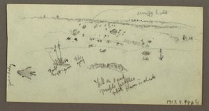 Tekening, Heuvel, Bosjes, Figuur, Kamelenstudies, mogelijk 1868 door Frederic Edwin Church