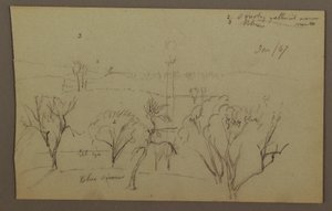 Tekening, Heuvels, Bomen, Laagstaande zon, 1867 door Frederic Edwin Church