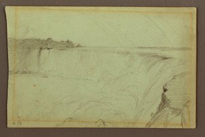 Tekening, Horseshoe Falls met een dubbele regenboog, Niagara River, Canada, 1856 door Frederic Edwin Church