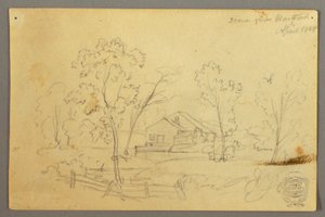 Tekening, Huis in het bos bij een beek, april 1845 door Frederic Edwin Church