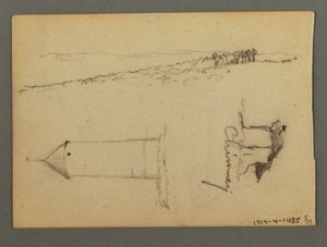 Tekening, Huis boven klif, torens, mogelijk 1868 door Frederic Edwin Church