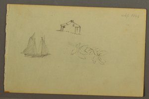 Tekening, Huis, zeilboot, plant, september 1844 door Frederic Edwin Church