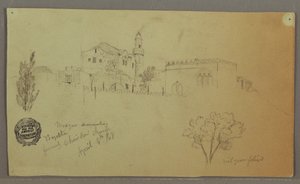 Tekening, Moskee en aangrenzende gebouwen, bomen, 4 april 1868 door Frederic Edwin Church