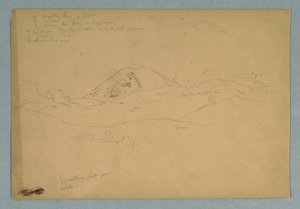 Tekening, bergtop, mogelijk Chimborazo, oprijzend over drie opeenvolgende bergketens, Ecuador, 1857 door Frederic Edwin Church