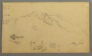 Tekening, Bergtoppen, heiligdom langs de weg, augustus 1868 door Frederic Edwin Church
