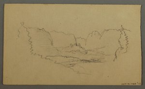 Tekening, Bergtoppen, heiligdom langs de weg, augustus 1868 door Frederic Edwin Church