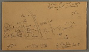 Tekening, Bergen tegen een vlakte, twee regenbogen, Oostenrijk of Beieren, 1868 door Frederic Edwin Church
