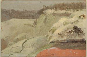 Tekening, Niagara watervallen in de sneeuw, gezien vanaf Goat Island, 1856 door Frederic Edwin Church