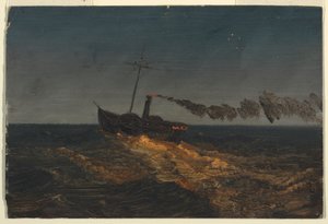 Tekening, Raderstoomboot in de schemering, ca. 1853 door Frederic Edwin Church