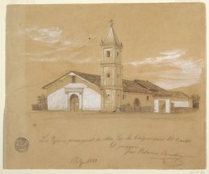 Tekening, Parochiekerk van Onze-Lieve-Vrouw van Chiquinquira del Cerrito, Chiquinquira, Colombia, juli 1853 door Frederic Edwin Church