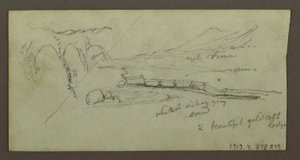 Tekening, vlakte en bergketen, mogelijk 1868 door Frederic Edwin Church