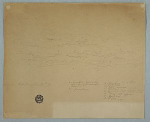 Tekening, Regen uit een bewolkte hemel boven bergruggen, Hacienda Chillo, Ecuador, 27 juli 1857 door Frederic Edwin Church