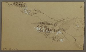 Tekening, rechterdeel van een schets van de El Yemen-vallei, Arabië: Ver uitzicht, 20 februari 1868 door Frederic Edwin Church