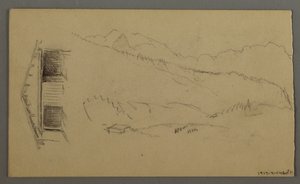 Tekening, daken, poort, bergtoppen, augustus 1868 door Frederic Edwin Church