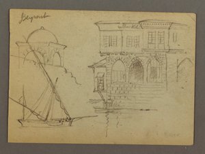 Tekening, Schetsen van een koepelstructuur, schip en statig huis, januari 1868 door Frederic Edwin Church