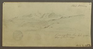 Tekening, Statig huis, figuur rijdt, kameel, architectuurstudies, palmboom, mogelijk 1868 door Frederic Edwin Church