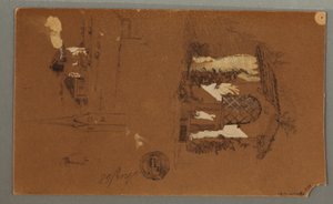 Tekening, Studies van Chalet, man met pijp, Eenden, 1868
