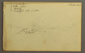 Tekening, Ondergaande zon achter lage heuvels, 1845 door Frederic Edwin Church