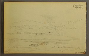 Tekening, Ondergaande zon achter lage heuvels, 1845 door Frederic Edwin Church