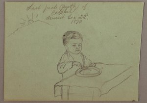 Tekening, zonsondergang, etend kind, 22 december 1870 door Frederic Edwin Church