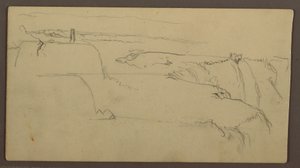 Tekening, Zonsondergang boven oever met schip, 1858 door Frederic Edwin Church