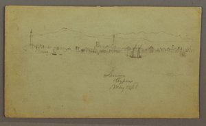 Tekening, Stad aan de kust, bergketen erachter, 27 mei 1868 door Frederic Edwin Church