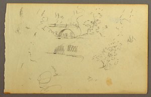 Tekening, Bomen, brug, gezichten in profiel, mogelijk 1844 door Frederic Edwin Church