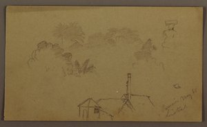 Tekening, bomen, figuur, huis Linstead, mei 1865 door Frederic Edwin Church