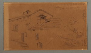 Tekening, Twee huizen, Rots, mogelijk 1868 door Frederic Edwin Church