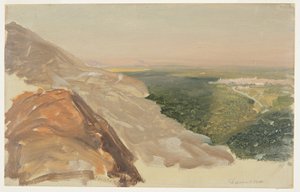 Tekening, Gezicht op een vlakte met Damascus, Syrië, vanaf de bergen, mei 1868 door Frederic Edwin Church