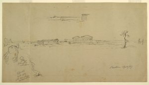 Tekening, Gezicht op de basiliek en de tempel van Neptunus, Paestum, Italië, april 1869 door Frederic Edwin Church