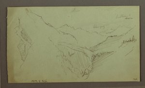 Tekening, Dorp en steil bergdal (Alpen), 1868-69 door Frederic Edwin Church