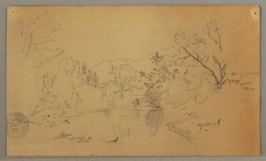 Tekening, Kronkelende rivier in een beboste vallei, Vermont, oktober 1865 door Frederic Edwin Church