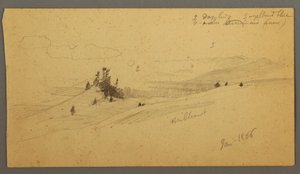 Tekening, beboste heuveltop, heuvelachtige vallei, zon, januari 1866 door Frederic Edwin Church
