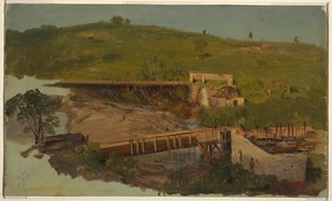 Heuvel met viaducten en verwoeste molens, nabij Catskill, New York door Frederic Edwin Church