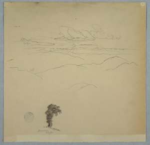 Bergachtig landschap met ondergaande zon en een boom, Jamaica, juli 1865