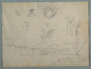 Rivieroever met bergen en wolken, drie botanische schetsen en bustestudies van mannen met hoeden