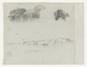 Schetsen van bomen, wijnranken en een oever van de Rio Magdalena, Colombia