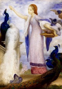 "Jene fille nourrissant les paons" Ze is gekleed in de antieke stijl. Schilderij van Lord Frederic Leighton (1830-1896) (prerafaëliet) door Frederic Leighton