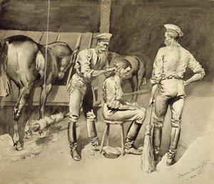 Een knipbeurt in een cavaleriestal door Frederic Remington