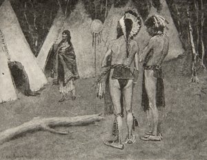En haar minnaars, de afgewezen,... Knappe mannen met verf en veren, uit The Song of Hiawatha door Henry Wadsworth Longfellow, gepubliceerd door George G. Harrap und Company Ltd., 1911 door Frederic Remington