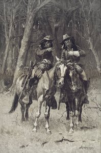 Cheyenne-verkenners patrouilleren in het grote bos van de North Canadian, Oklahoma door Frederic Remington