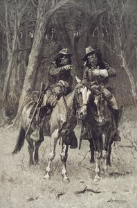Cheyenne verkenners patrouilleren in het grote bos van de Noord-Canadees, Oklahoma, 6 april door Frederic Remington