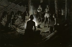Franse ontdekkingsreizigers raad met de indianen (bij het Iroquois-raadsvuur) ca. 1901