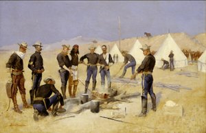 Het roosteren van het kerstvlees in een cavaleriekamp, ca. 1892 door Frederic Remington