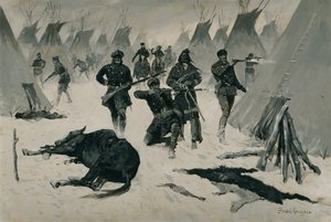 De nederlaag van Crazy Horse (de nederlaag van Crazy Horse door kolonel Miles, januari 1877, winteraanval op een indianendorp) ca. 1901, mogelijk ca. 1896 door Frederic Remington