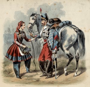 Het Franse leger en zijn cantinieres: Hussard en cantiniere de troupe de line door Frederic Sorrieu